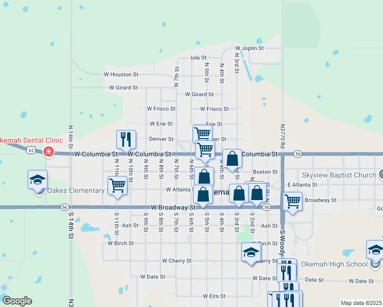 map of restaurants, bars, coffee shops, grocery stores, and more near 405 North 6th Street in Okemah