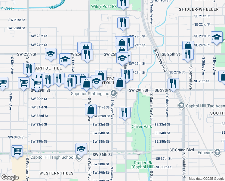 map of restaurants, bars, coffee shops, grocery stores, and more near South Harvey Avenue in Oklahoma City