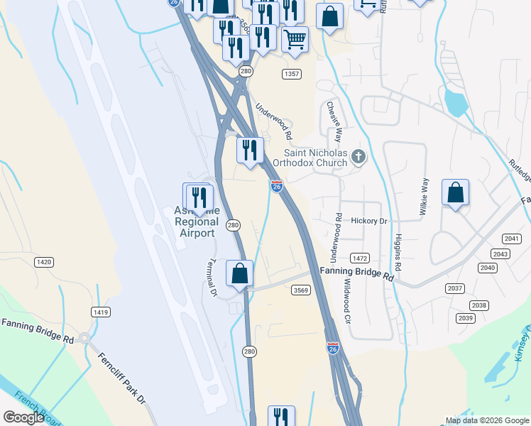 map of restaurants, bars, coffee shops, grocery stores, and more near Interstate 26 in Fletcher