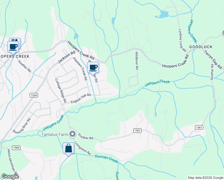 map of restaurants, bars, coffee shops, grocery stores, and more near 444 English Oak Road in Fletcher