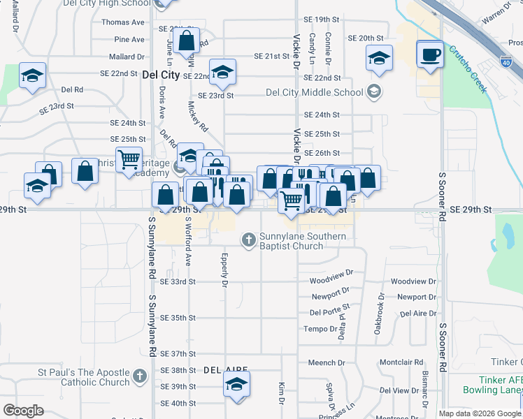 map of restaurants, bars, coffee shops, grocery stores, and more near 3000 South Holliday Avenue in Del City