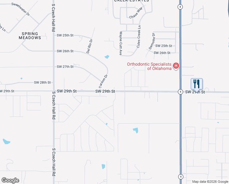 map of restaurants, bars, coffee shops, grocery stores, and more near 11800 Southwest 29th Street in Yukon