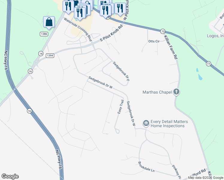 map of restaurants, bars, coffee shops, grocery stores, and more near 7275 Sedgebrook Drive West in Stanley