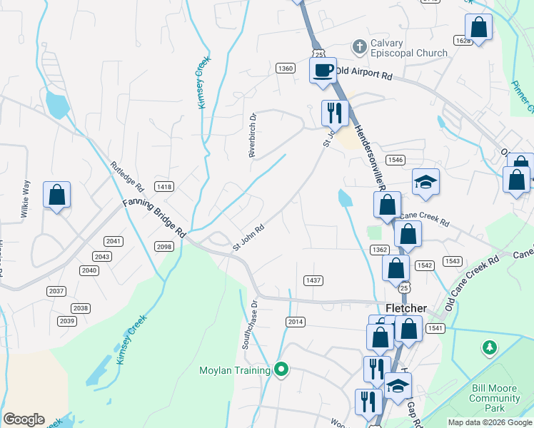 map of restaurants, bars, coffee shops, grocery stores, and more near 67 Saint John Road in Fletcher