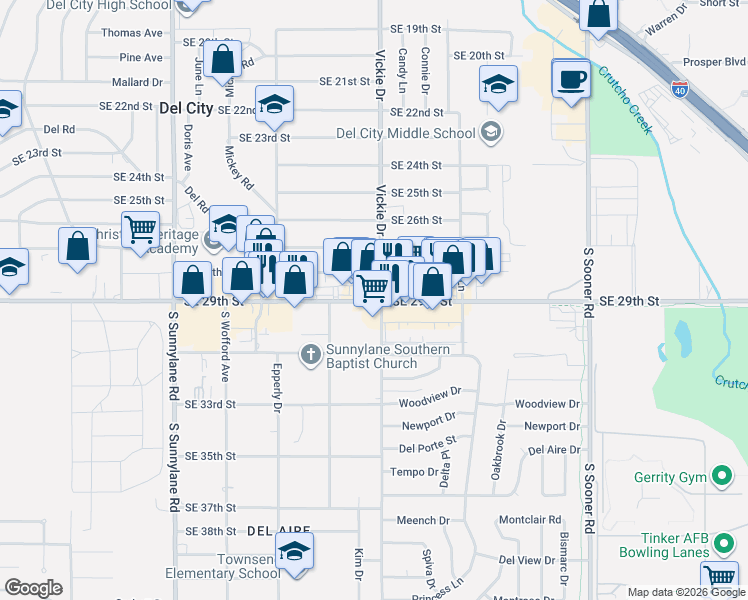 map of restaurants, bars, coffee shops, grocery stores, and more near 2910 Vickie Drive in Del City