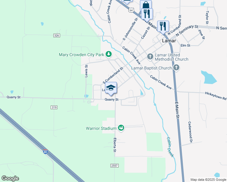 map of restaurants, bars, coffee shops, grocery stores, and more near 301 Elberta Street in Lamar