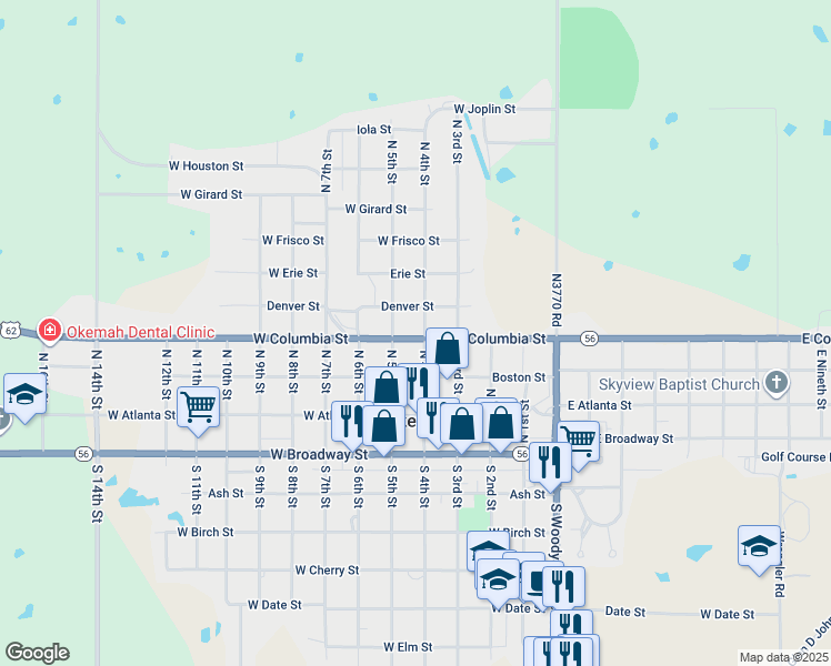 map of restaurants, bars, coffee shops, grocery stores, and more near 420 North 4th Street in Okemah