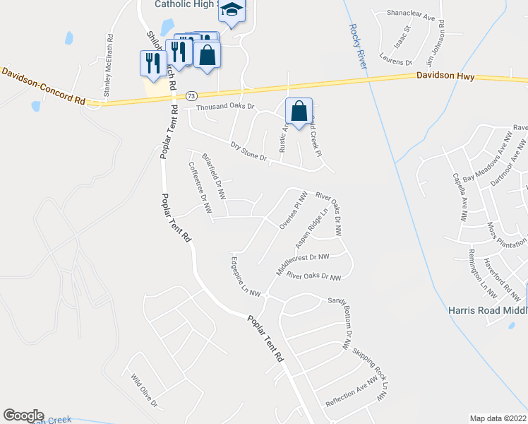 map of restaurants, bars, coffee shops, grocery stores, and more near 11118 River Oaks Drive Northwest in Concord