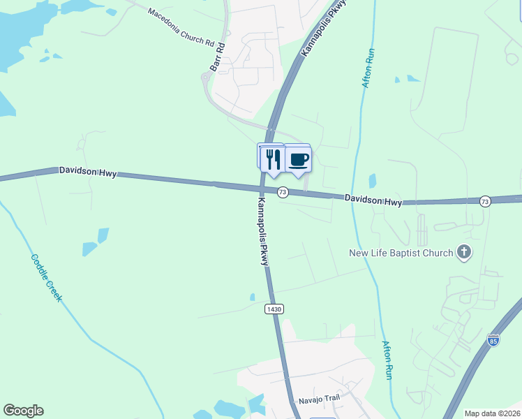 map of restaurants, bars, coffee shops, grocery stores, and more near Kannapolis Parkway in Concord