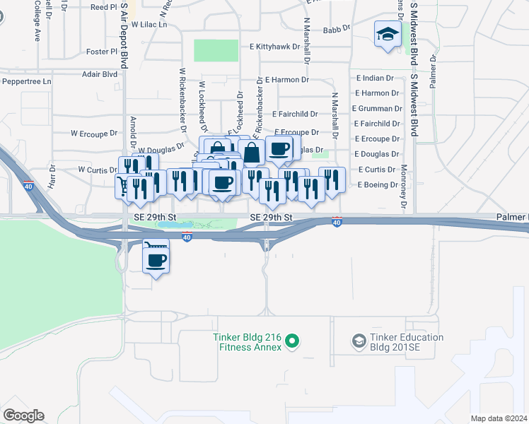 map of restaurants, bars, coffee shops, grocery stores, and more near 7305 Southeast 29th Street in Midwest City