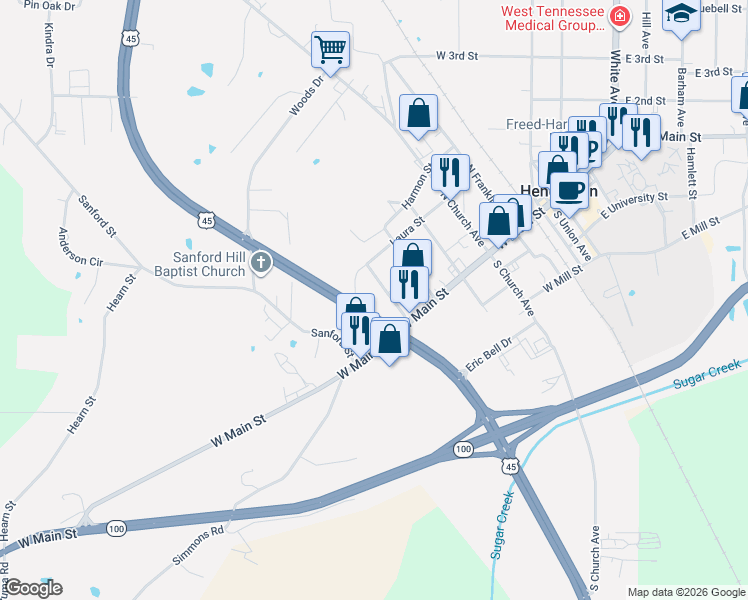 map of restaurants, bars, coffee shops, grocery stores, and more near 513 Laura Street in Henderson