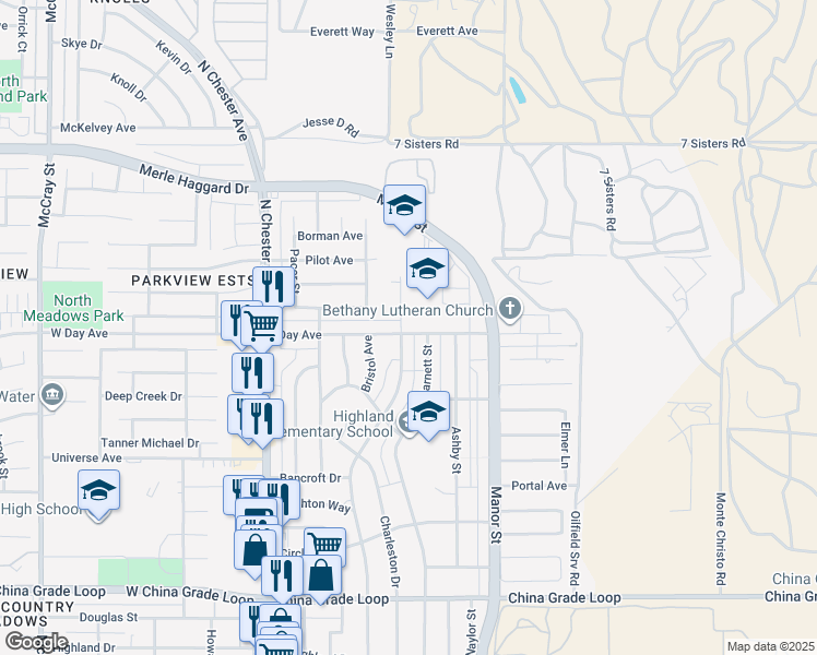 map of restaurants, bars, coffee shops, grocery stores, and more near 3200 Olympic Drive in Bakersfield