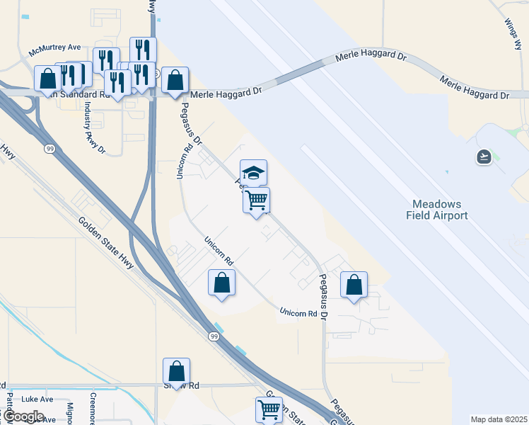 map of restaurants, bars, coffee shops, grocery stores, and more near 3359 Pegasus Drive in Bakersfield