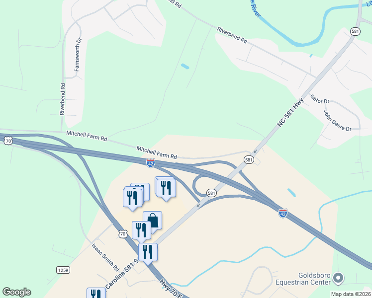 map of restaurants, bars, coffee shops, grocery stores, and more near 288 Edna Lane in Goldsboro