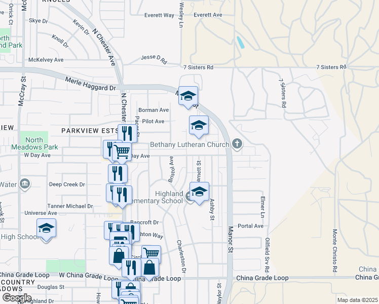 map of restaurants, bars, coffee shops, grocery stores, and more near 3200 Olympic Drive in Bakersfield