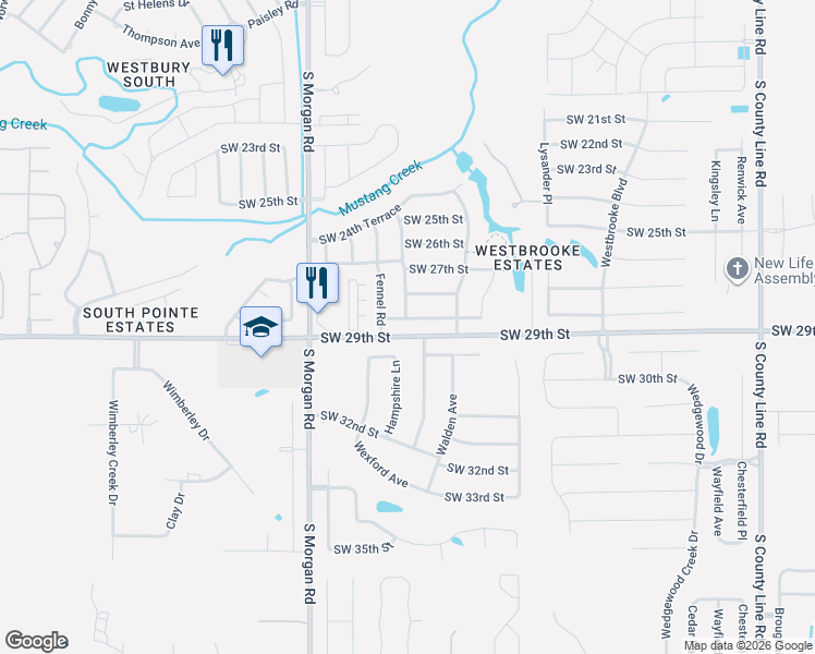 map of restaurants, bars, coffee shops, grocery stores, and more near 9612 Southwest 29th Terrace in Oklahoma City