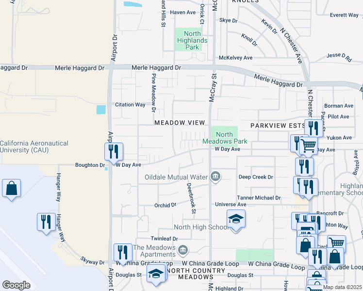 map of restaurants, bars, coffee shops, grocery stores, and more near 566 Yellow Meadow Court in Bakersfield