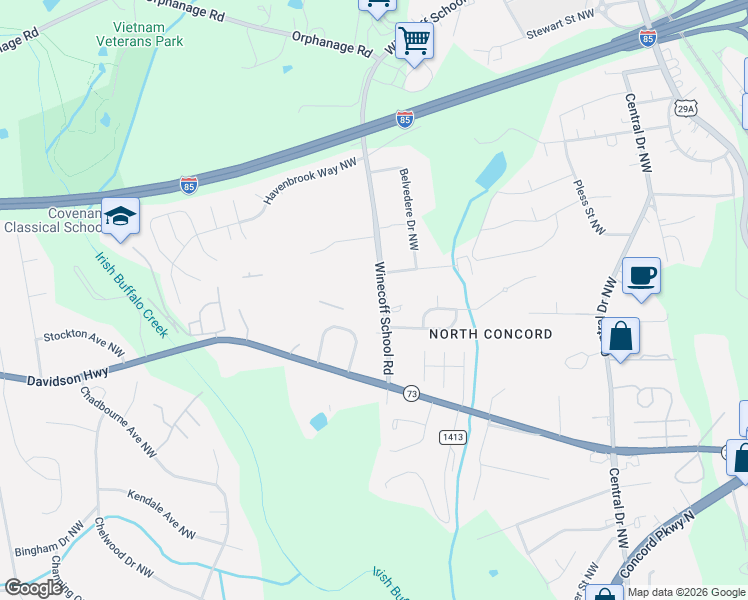 map of restaurants, bars, coffee shops, grocery stores, and more near 1286 Winecoff School Road in Concord
