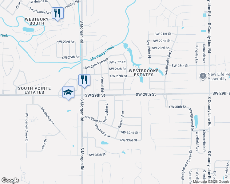 map of restaurants, bars, coffee shops, grocery stores, and more near 9521 Southwest 29th Terrace in Oklahoma City