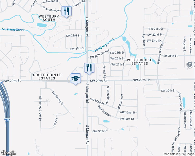 map of restaurants, bars, coffee shops, grocery stores, and more near 5800 Hidden Meadow Drive in Mustang