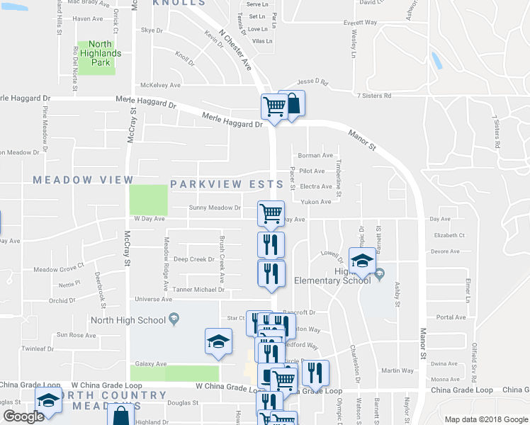 map of restaurants, bars, coffee shops, grocery stores, and more near 105 Sunny Meadow Drive in Bakersfield