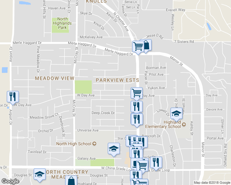 map of restaurants, bars, coffee shops, grocery stores, and more near 227 Sunny Meadow Drive in Bakersfield