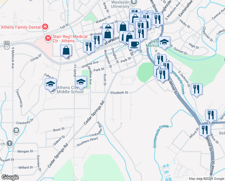 map of restaurants, bars, coffee shops, grocery stores, and more near 321 Cedar Springs Road in Athens