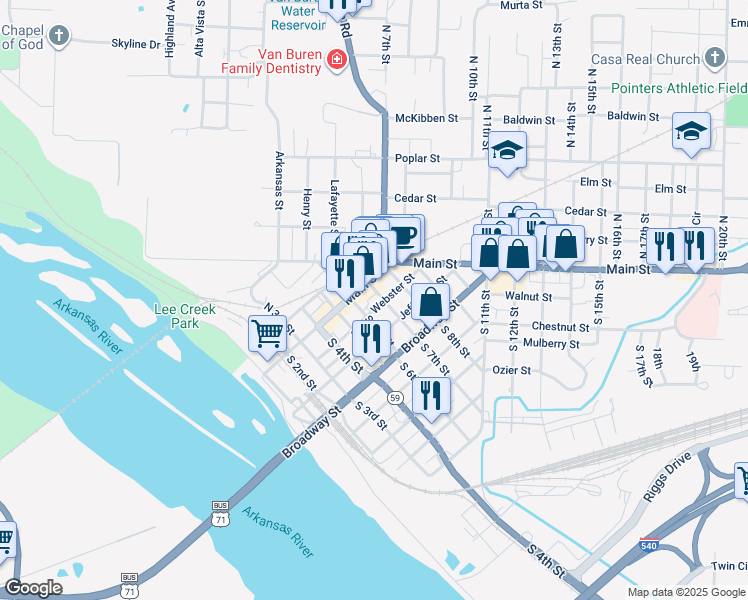 map of restaurants, bars, coffee shops, grocery stores, and more near 22 South 7th Street in Van Buren