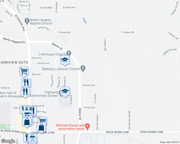 map of restaurants, bars, coffee shops, grocery stores, and more near 930 Day Avenue in Bakersfield