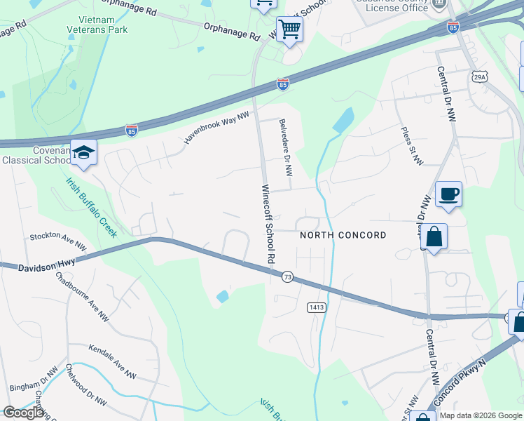 map of restaurants, bars, coffee shops, grocery stores, and more near 1286 Winecoff School Road in Concord