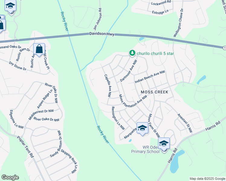 map of restaurants, bars, coffee shops, grocery stores, and more near 9684 Capella Avenue Northwest in Concord