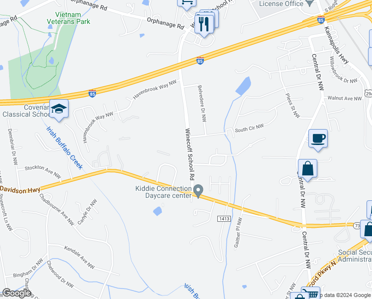 map of restaurants, bars, coffee shops, grocery stores, and more near 1267 Winecoff School Road in Concord