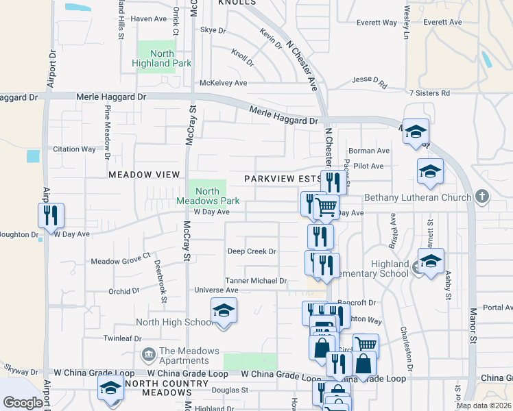 map of restaurants, bars, coffee shops, grocery stores, and more near 308 Sunny Meadow Drive in Bakersfield