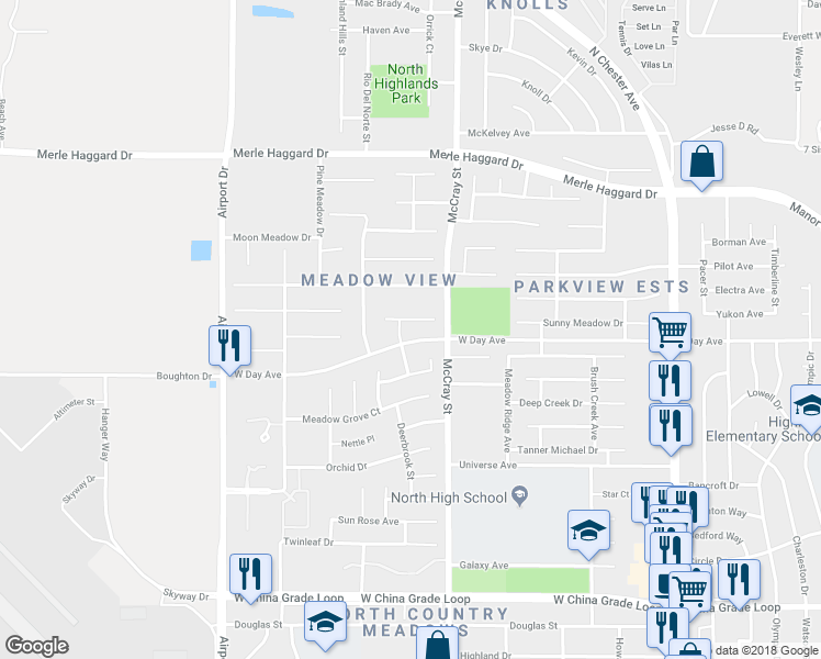 map of restaurants, bars, coffee shops, grocery stores, and more near 543 Yellow Meadow Court in Bakersfield