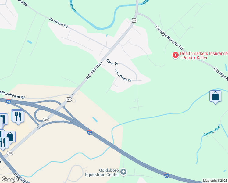 map of restaurants, bars, coffee shops, grocery stores, and more near 102 Crooked Creek Court in Goldsboro