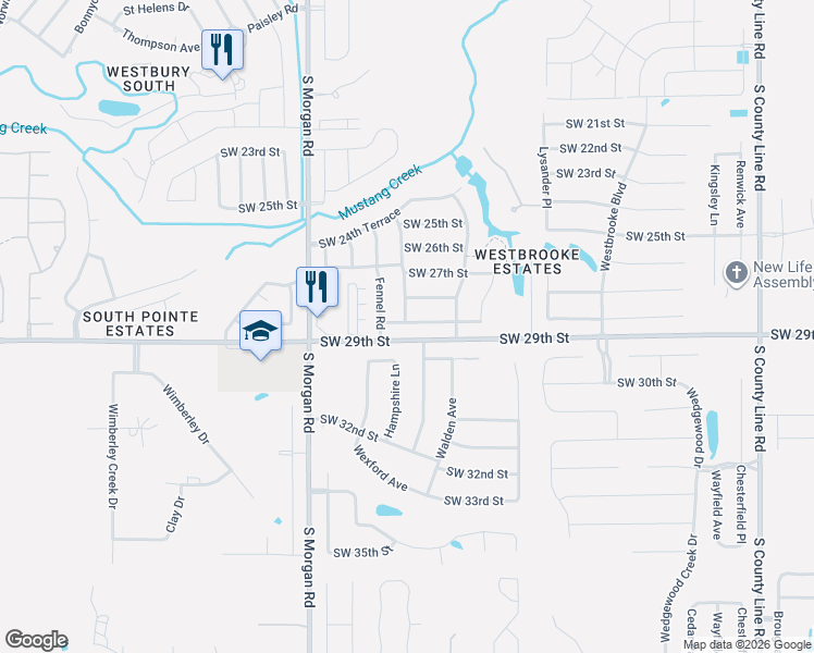 map of restaurants, bars, coffee shops, grocery stores, and more near 9612 Southwest 29th Terrace in Oklahoma City