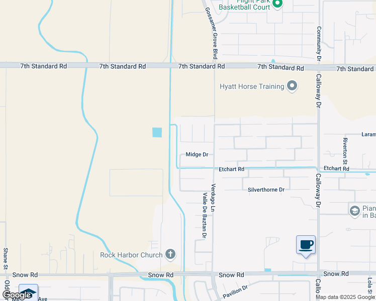 map of restaurants, bars, coffee shops, grocery stores, and more near 10703 Fisichella Lane in Bakersfield