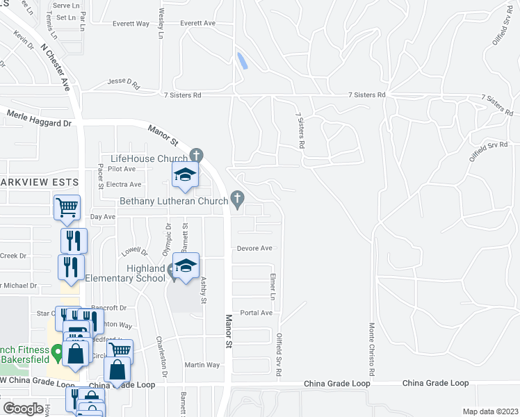 map of restaurants, bars, coffee shops, grocery stores, and more near 932 West Day Avenue in Bakersfield