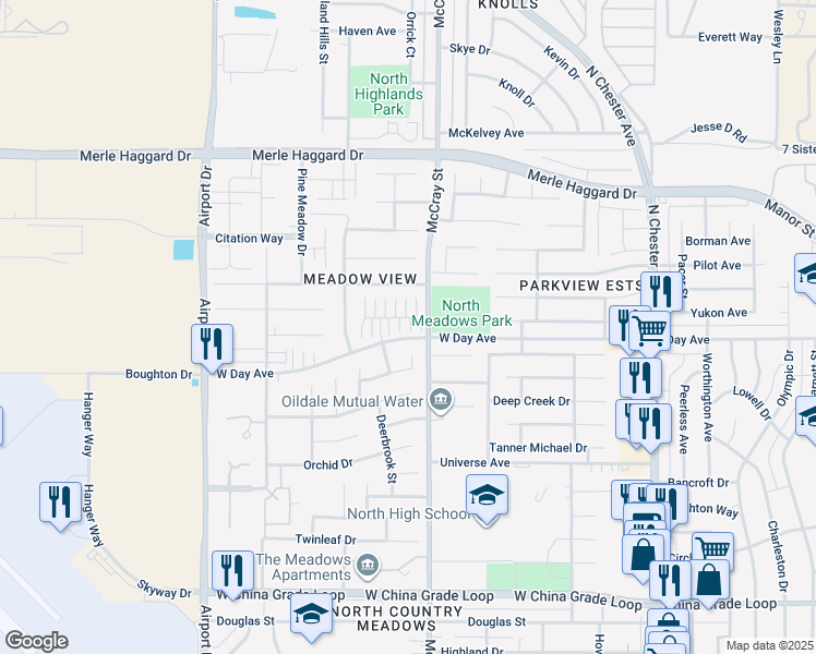 map of restaurants, bars, coffee shops, grocery stores, and more near 522 Yellow Meadow Court in Bakersfield