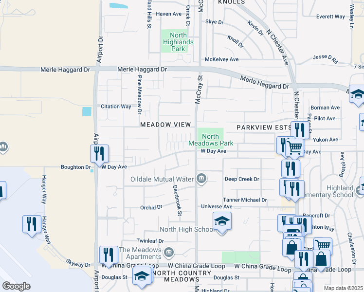 map of restaurants, bars, coffee shops, grocery stores, and more near 522 Yellow Meadow Court in Bakersfield
