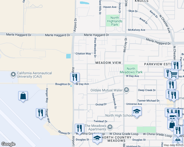 map of restaurants, bars, coffee shops, grocery stores, and more near 713 Greenwood Meadow Lane in Bakersfield