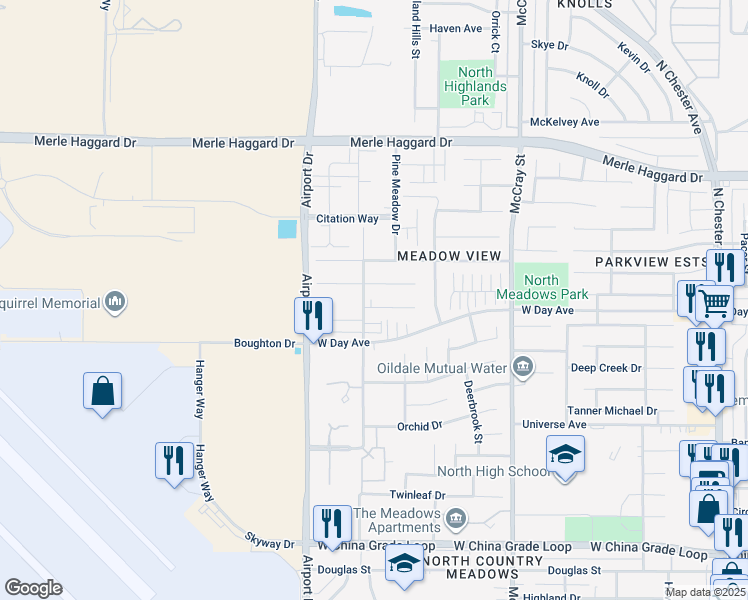 map of restaurants, bars, coffee shops, grocery stores, and more near 713 Greenwood Meadow Lane in Bakersfield
