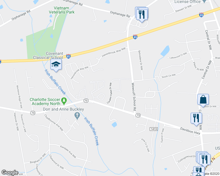 map of restaurants, bars, coffee shops, grocery stores, and more near 2901 Leah Court Northwest in Concord