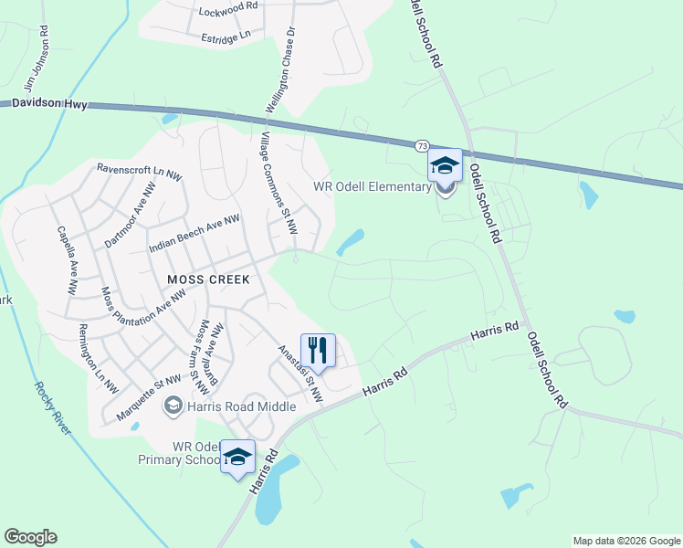map of restaurants, bars, coffee shops, grocery stores, and more near 9450 Moss Plantation Avenue Northwest in Concord
