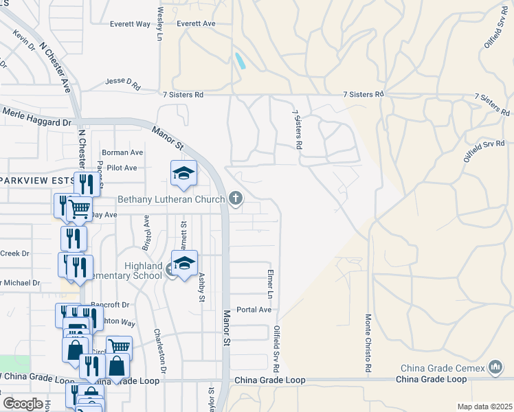 map of restaurants, bars, coffee shops, grocery stores, and more near 932 Day Avenue in Bakersfield