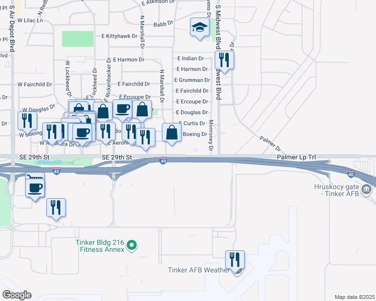 map of restaurants, bars, coffee shops, grocery stores, and more near 7523 Southeast 29th Street in Midwest City