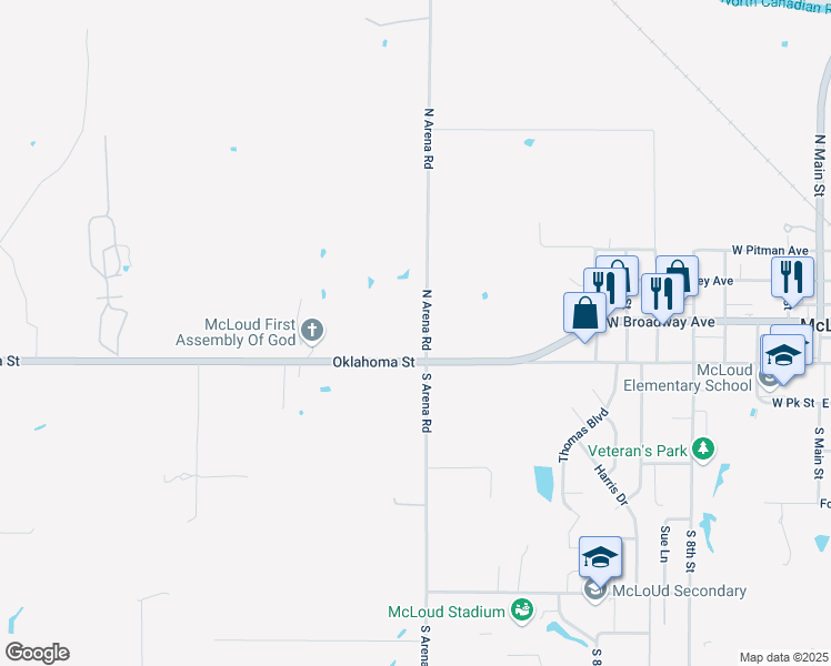 map of restaurants, bars, coffee shops, grocery stores, and more near 181 North Arena Road in McLoud