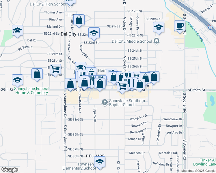 map of restaurants, bars, coffee shops, grocery stores, and more near 4512 Southeast 28th Street in Del City