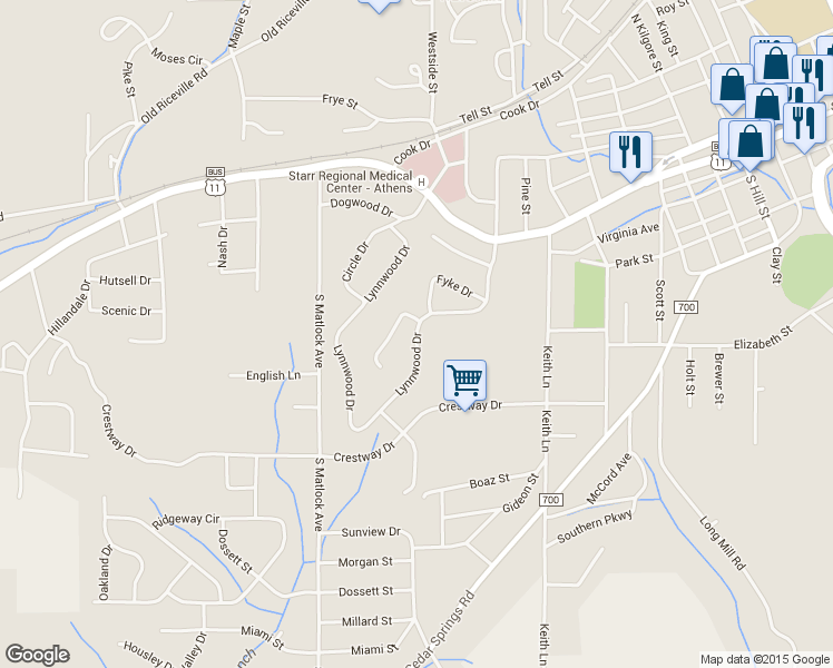 map of restaurants, bars, coffee shops, grocery stores, and more near 548 Lynnwood Drive in Athens