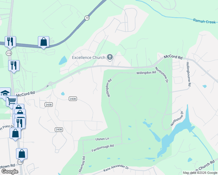 map of restaurants, bars, coffee shops, grocery stores, and more near 12410 Willingdon Road in Huntersville